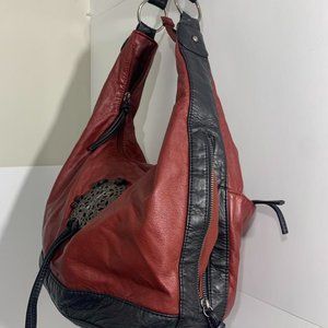 Bruno Red Hobo Shoulder Vegan Leather Gold Medallion & Hardware 17”X10”X6”